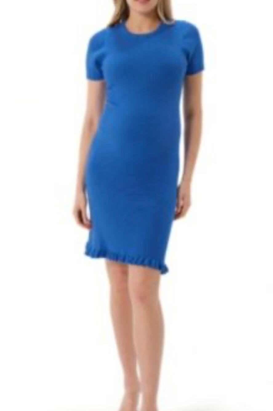 BP Women's Blue Ribbed Knit Bodycon Scoop Neck Lettuce Edge Mini Dress NWT M